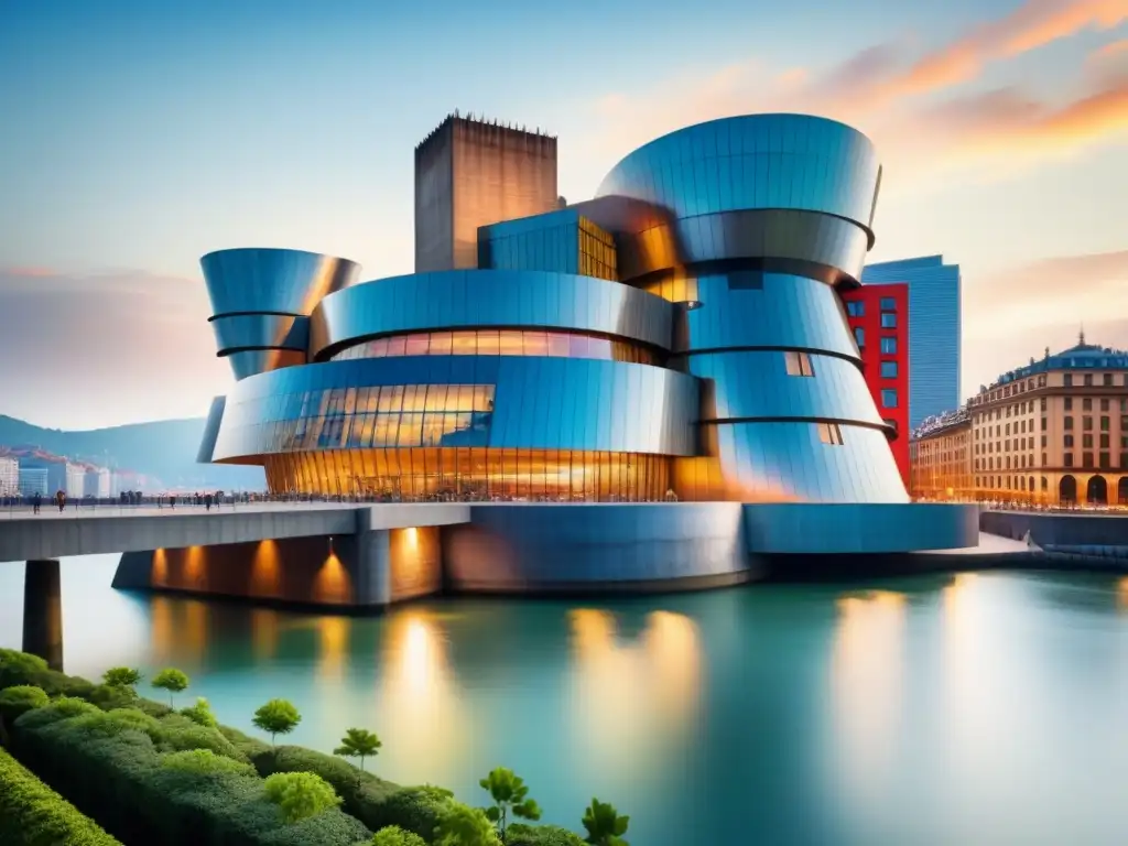 Acuarela detallada del Museo Guggenheim en Bilbao, reflejando su diseño arquitectónico único con colores vibrantes en el río Nervión