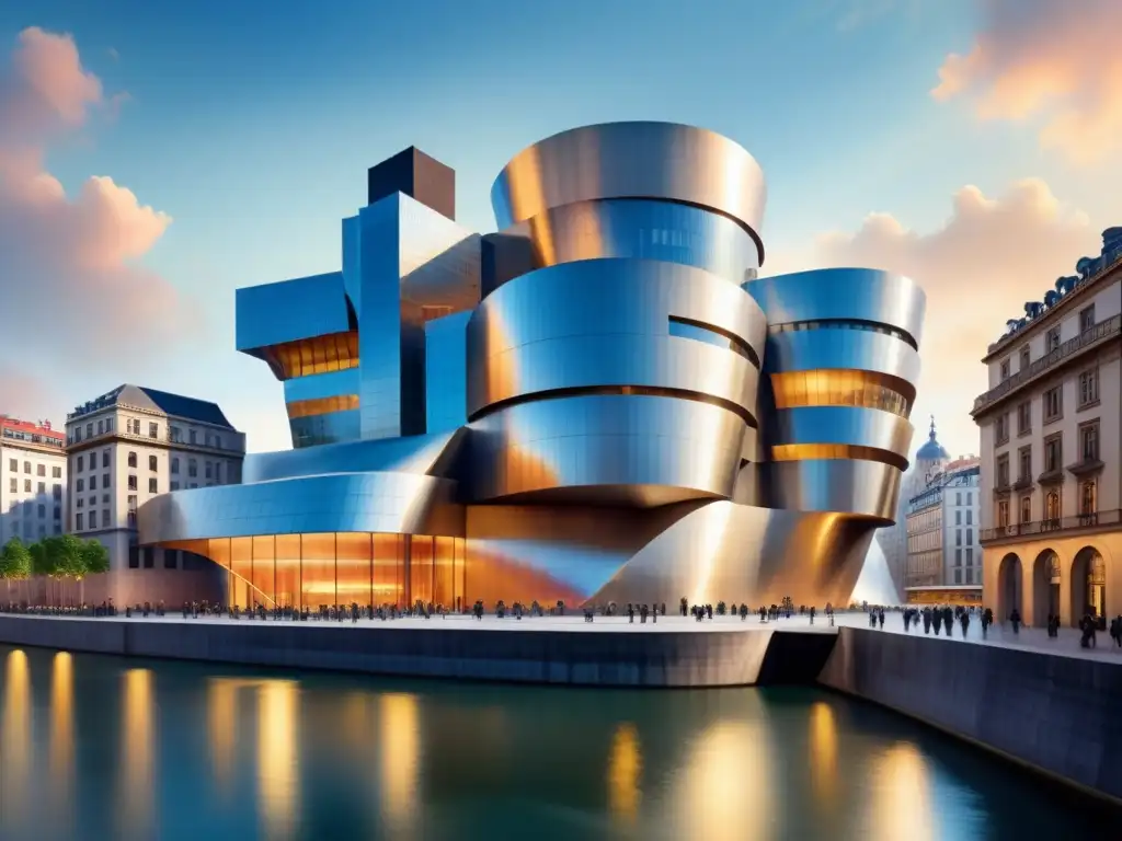 Una acuarela detallada del Museo Guggenheim en Bilbao, resaltando su diseño arquitectónico único con juegos de luz y sombra