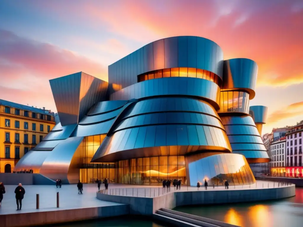 Acuarela detallada del Museo Guggenheim en Bilbao, reflejando su arquitectura moderna y el cielo vibrante al atardecer