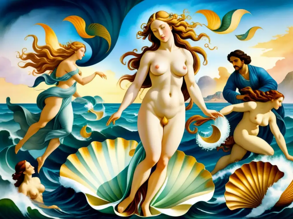 Una acuarela detallada del 'Nacimiento de Venus' de Botticelli, mostrando la diosa emergiendo del mar con simbolismo y significado