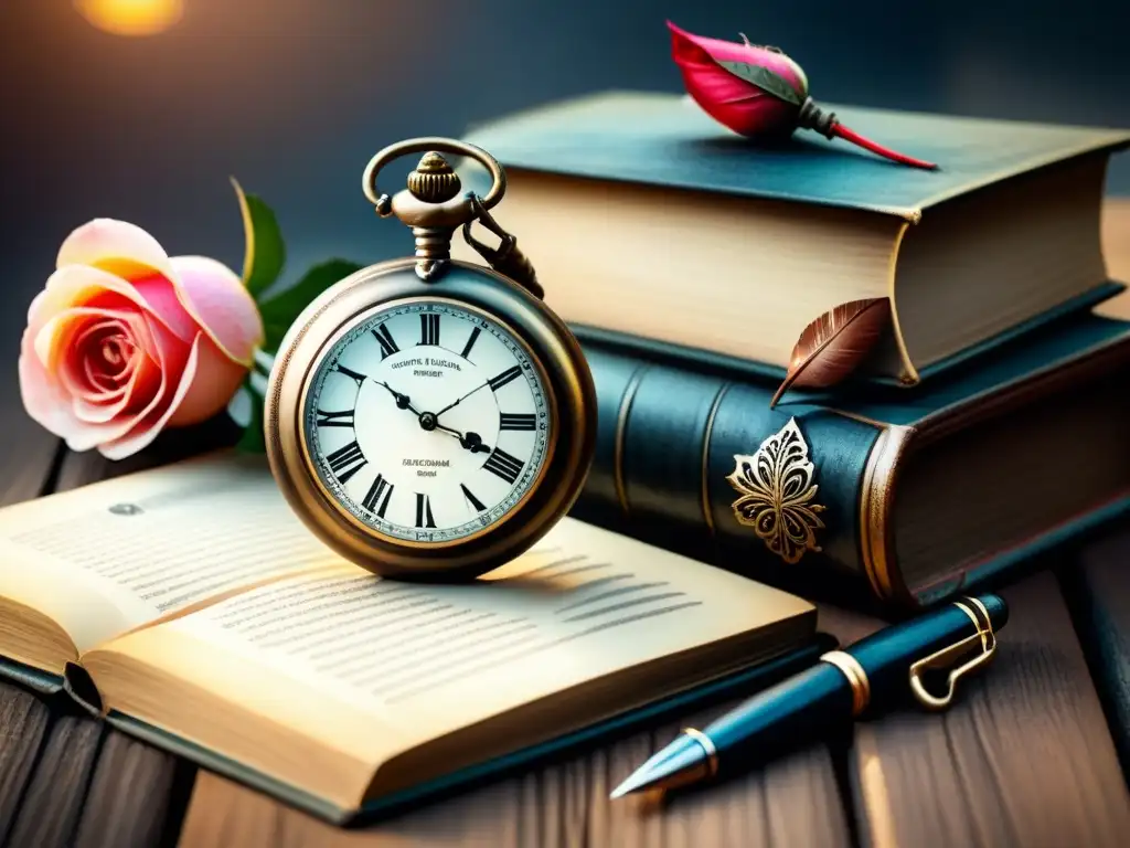 Una acuarela detallada con objetos simbólicos del realismo: un reloj antiguo, una rosa marchita, una pluma y un libro viejo