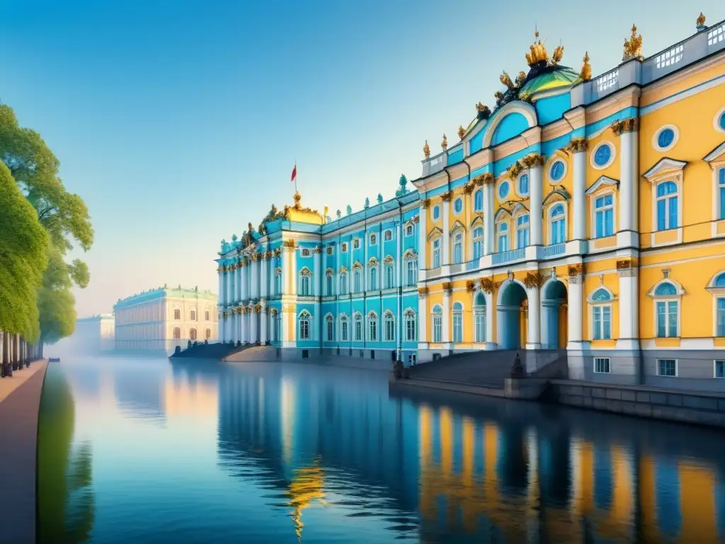 Una acuarela detallada del Palacio de Invierno, icónico edificio principal del Museo Hermitage en San Petersburgo