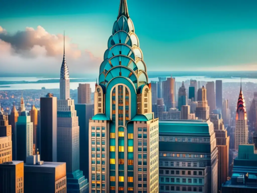 Una acuarela detallada del icónico Chrysler Building en Nueva York, con patrones geométricos y líneas elegantes del Arte Deco