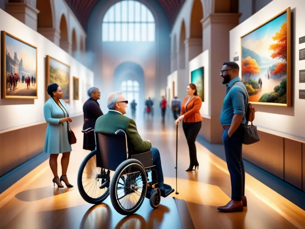 Una acuarela detallada de personas con diferentes capacidades explorando exhibiciones interactivas en un museo accesible