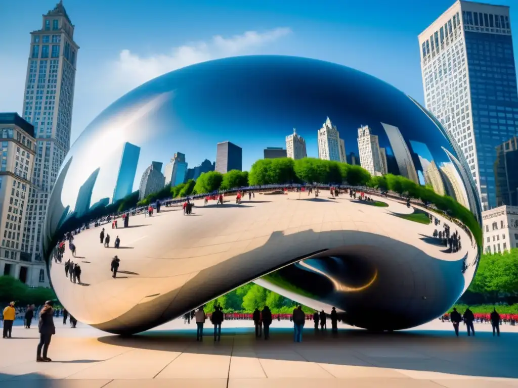 Una acuarela detallada de la icónica escultura Cloud Gate en Millennium Park, Chicago, reflejando los rascacielos y el cielo azul