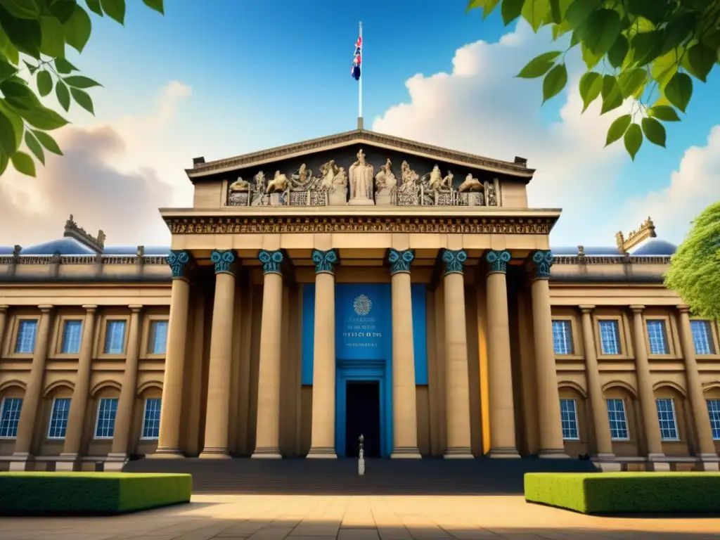 Una acuarela detallada del icónico British Museum en Londres, rodeado de exuberante vegetación y un cielo azul vibrante