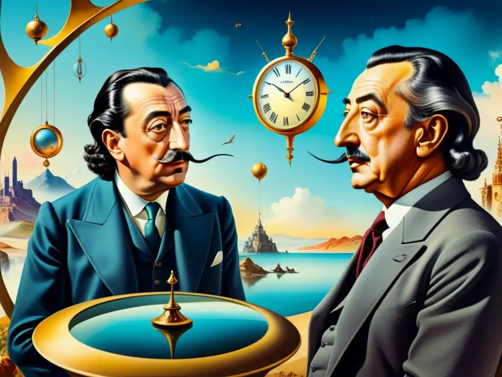 Una acuarela detallada de Dalí y Breton debatiendo rodeados de elementos surrealistas como relojes derretidos y paisajes distorsionados