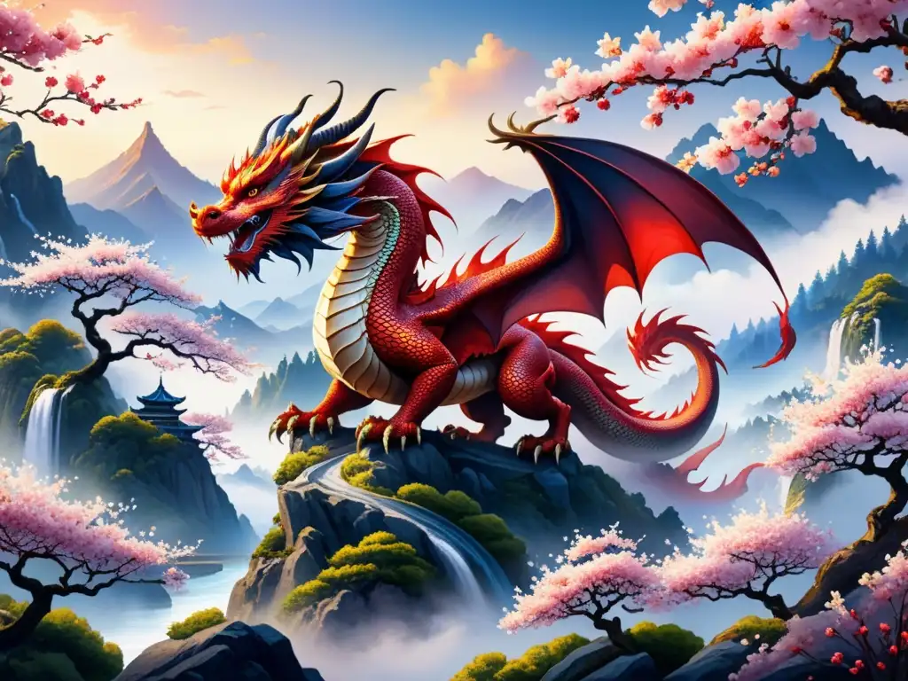 Ilustración de acuarela detallada con un dragón rojo vibrante en un paisaje asiático místico