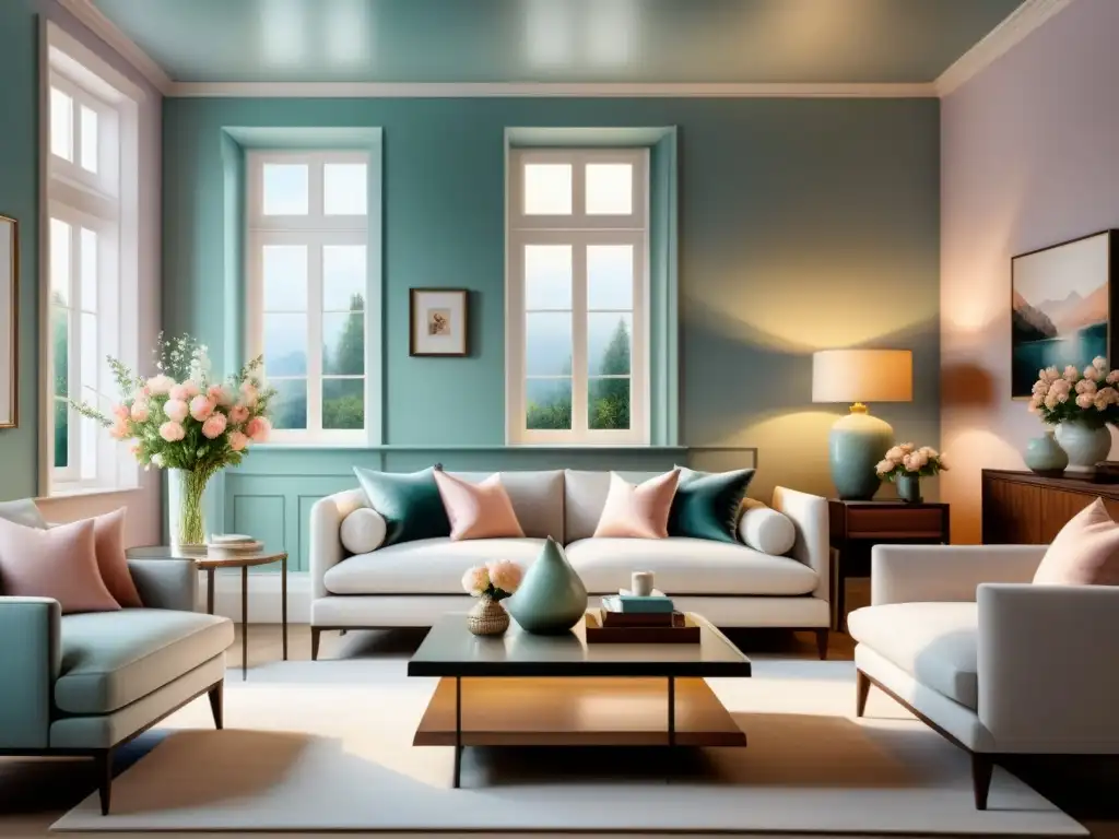 Una acuarela detallada de una sala elegante y serena con tonos suaves y apagados, perfecta para inspirar técnicas de pintura para interiores