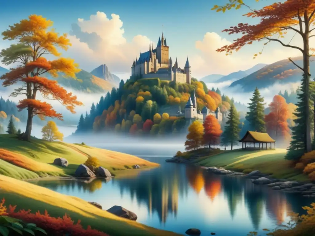 Una acuarela detallada de un sereno paisaje nórdico renacentista, con un exuberante bosque otoñal, lago y castillo