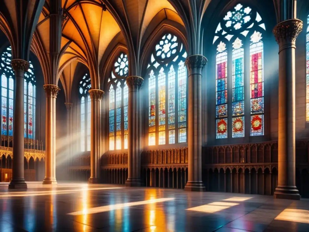 Una acuarela detallada de las vidrieras intrincadas en una catedral gótica, con escenas bíblicas y patrones geométricos, iluminadas por el sol