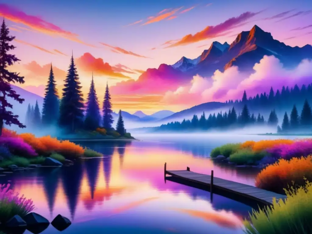 Acuarela expresión emocional arte visual: paisaje sereno al atardecer, cielo con tonos naranja, rosa y morado reflejados en un lago tranquilo