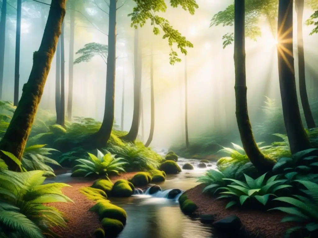 Una acuarela exquisita captura la sacralidad de la naturaleza en un bosque frondoso al amanecer