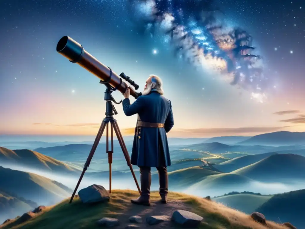 Ilustración en acuarela de Galileo Galilei observando el cielo estrellado con su telescopio, expresando asombro y descubrimiento