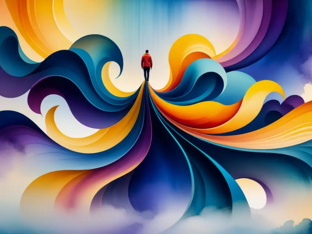 Una acuarela intrincada que representa formas abstractas vibrantes entrelazadas con líneas delicadas, creando una composición armoniosa y dinámica que transmite fluidez y movimiento