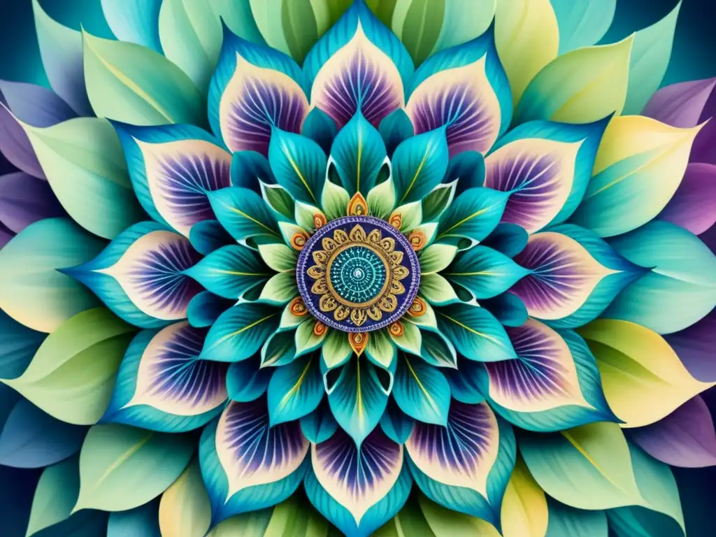 Una mandala hipnótica en acuarela con patrones visuales en arte, tonos vibrantes de azul, verde y morado se funden armoniosamente