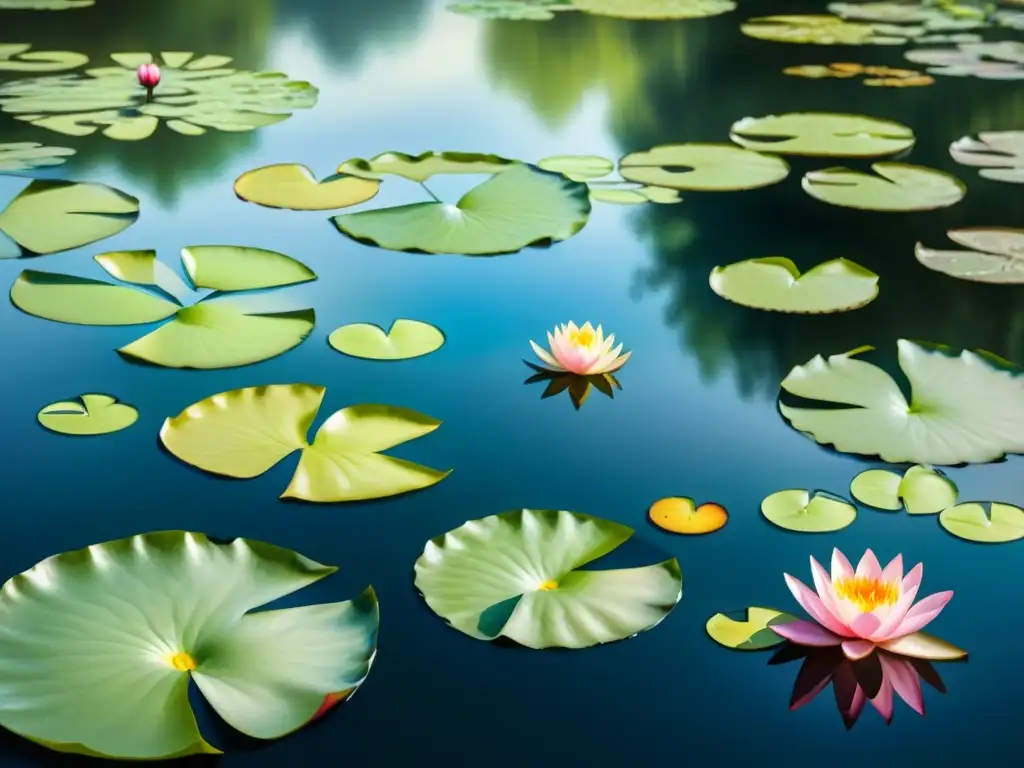 Una acuarela ultradetallada de los famosos lirios acuáticos de Monet, capturando la esencia del sereno estanque y exuberante vegetación