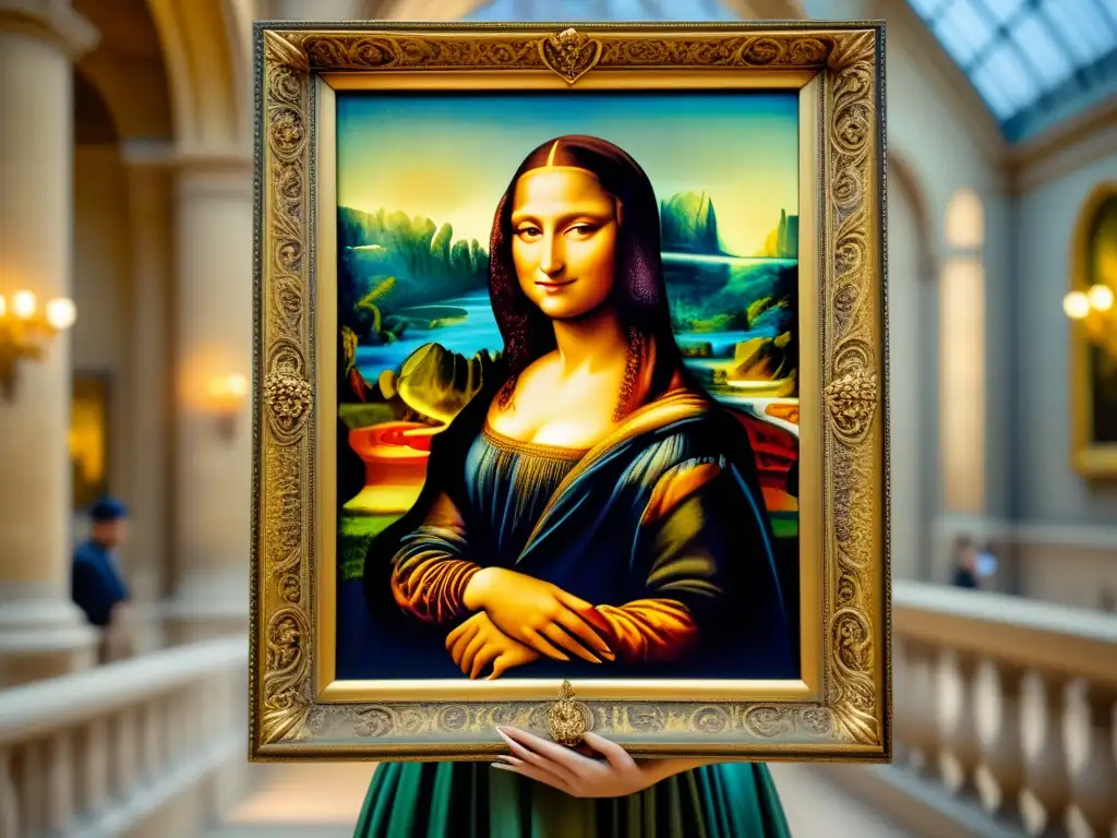 Una acuarela ultradetallada de la 'Mona Lisa' de Leonardo da Vinci en el Louvre, mostrando cada detalle con iluminación etérea