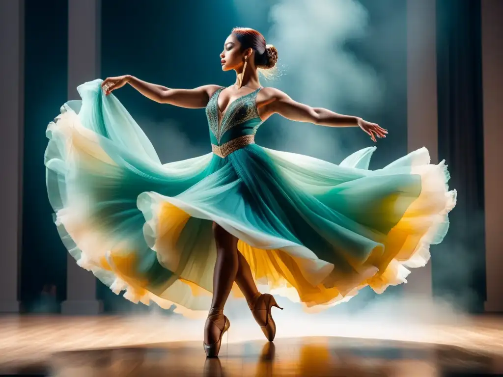 Acuarela vibrante que muestra la gracia y energía de una bailarina en movimiento, con técnicas de dibujo en movimiento