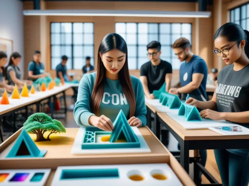 Un ajetreado salón de arte con estudiantes de todas las edades usando impresión 3D para crear esculturas intrincadas