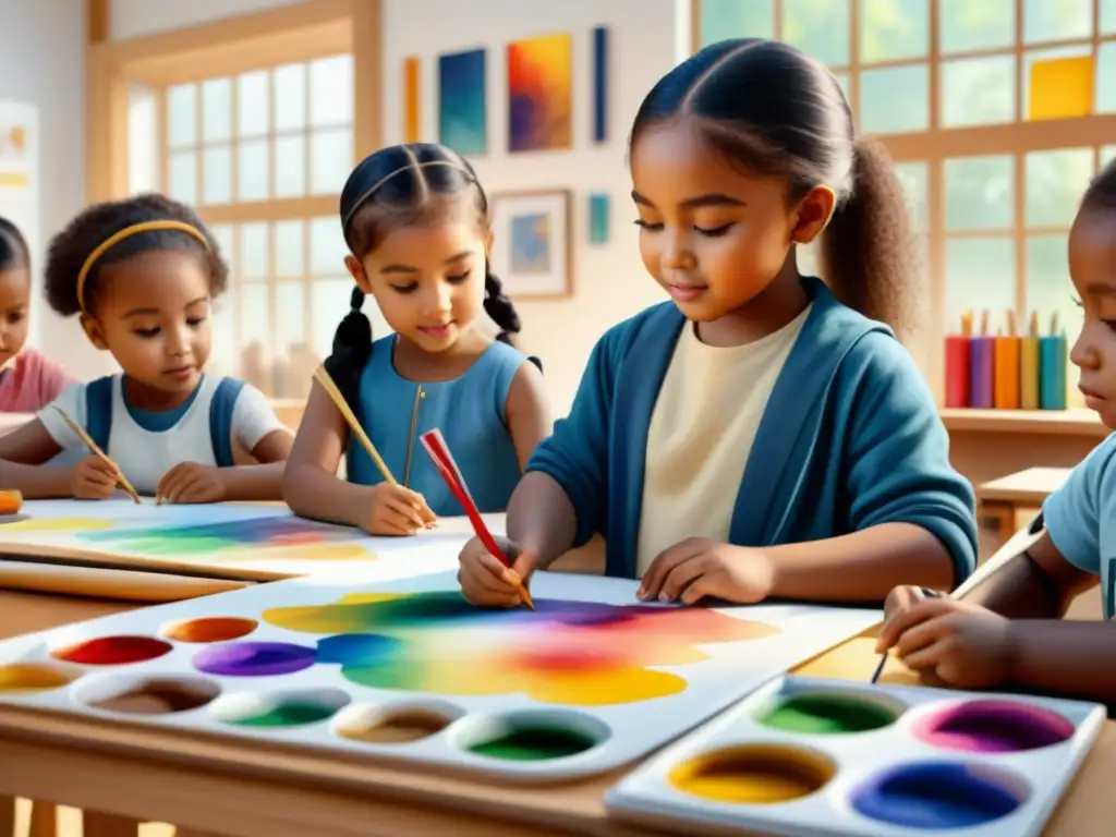 Un alegre y colorido cuadro de acuarela muestra a niños de diversas etnias disfrutando del arte visual en un aula vibrante