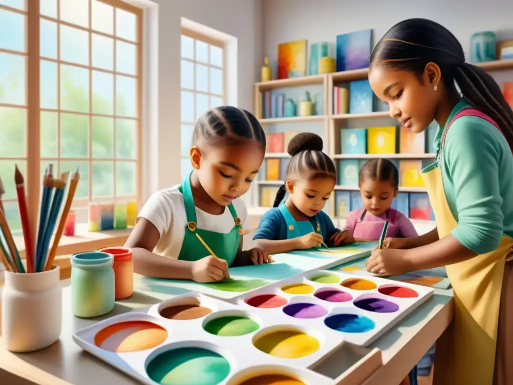 Un alegre grupo de niños de diversas edades y orígenes disfrutando del arte en un aula colorida, fomentando el desarrollo cognitivo en niños arte