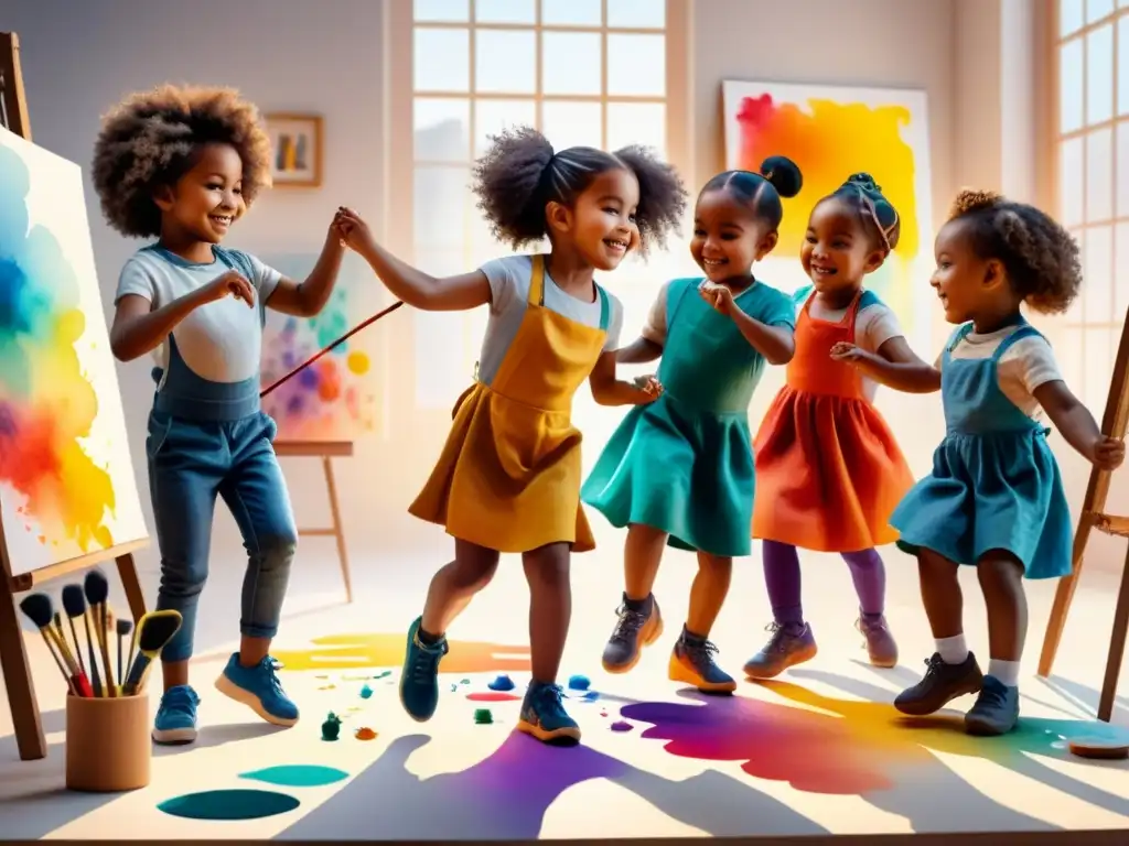 Alegre integración de arte visual en educación física con niños bailando y pintando en un estudio iluminado y colorido