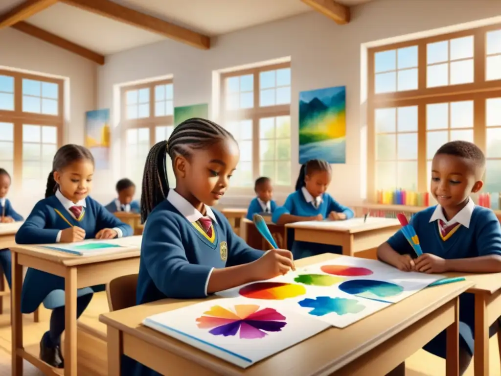 Un alegre salón de clases de primaria lleno de vida y creatividad, con niños realizando actividades artísticas