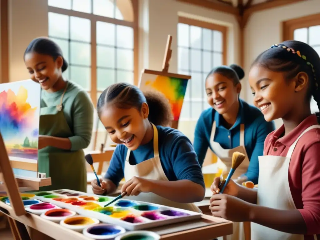 Alegre taller de arte comunitario con niños riendo y pintando juntos, rodeados de color y creatividad