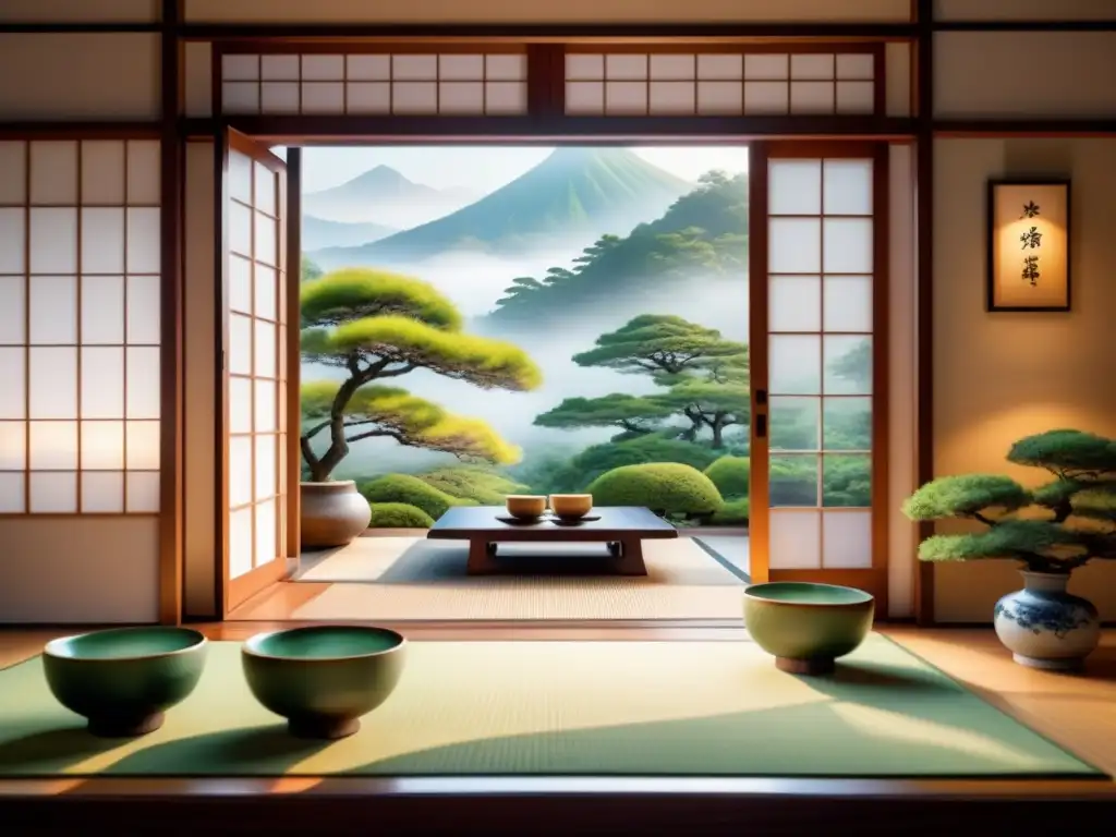 Un ambiente sereno de una sala de ceremonia del té japonés, con tazas de té de cerámica imperfectas y luz natural suave