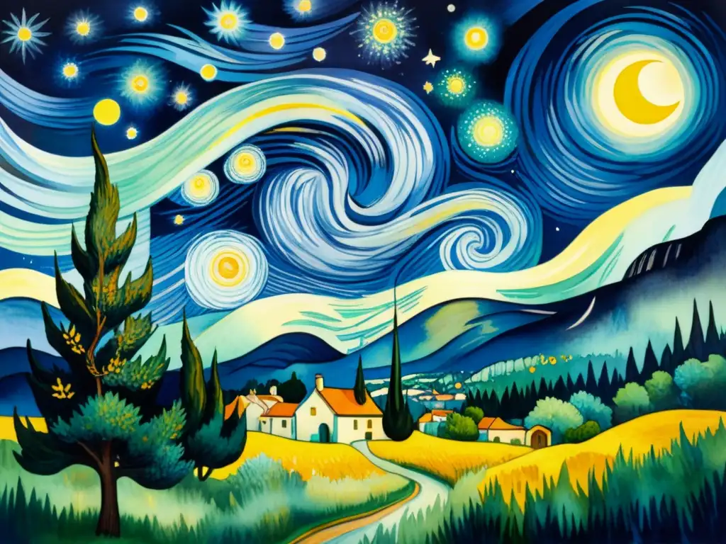 Análisis La Noche Estrellada Van Gogh: Detallada acuarela de 'La Noche Estrellada', con cielo vibrante y texturas únicas