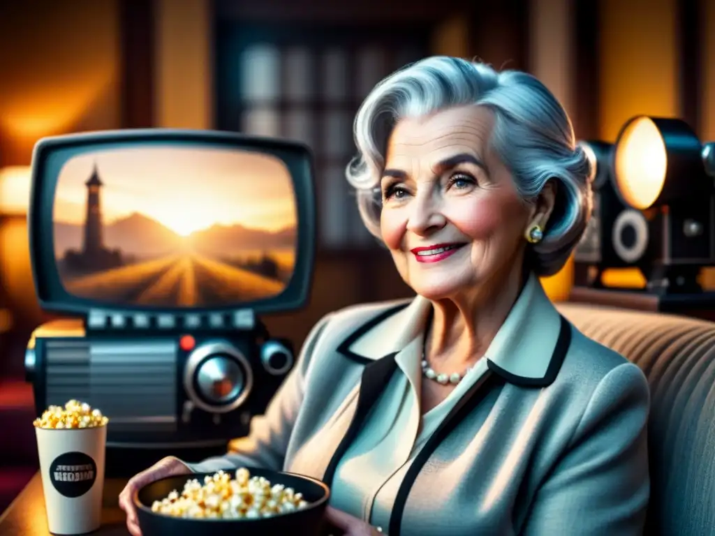 Una anciana disfruta de cineterapia rodeada de películas y un proyector en acogedora sala de estar