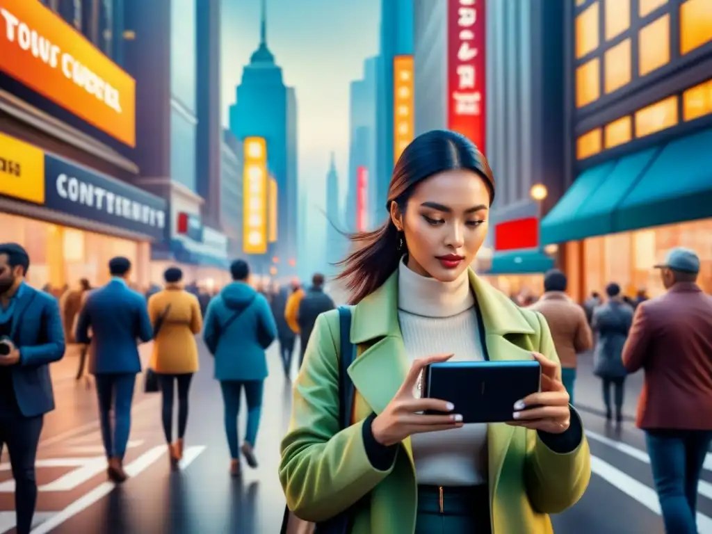 Una animada calle de la ciudad llena de diversidad, con personas capturando momentos con cámaras, teléfonos y tabletas