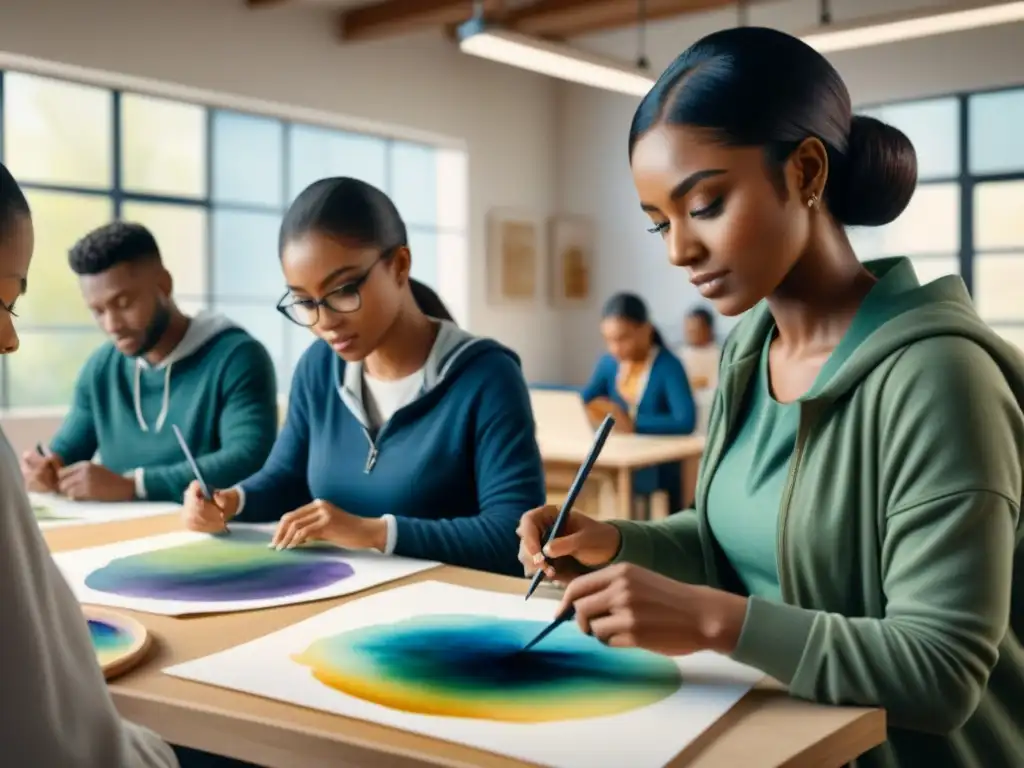 Una animada clase de arte con estudiantes creando obras vibrantes en témpera