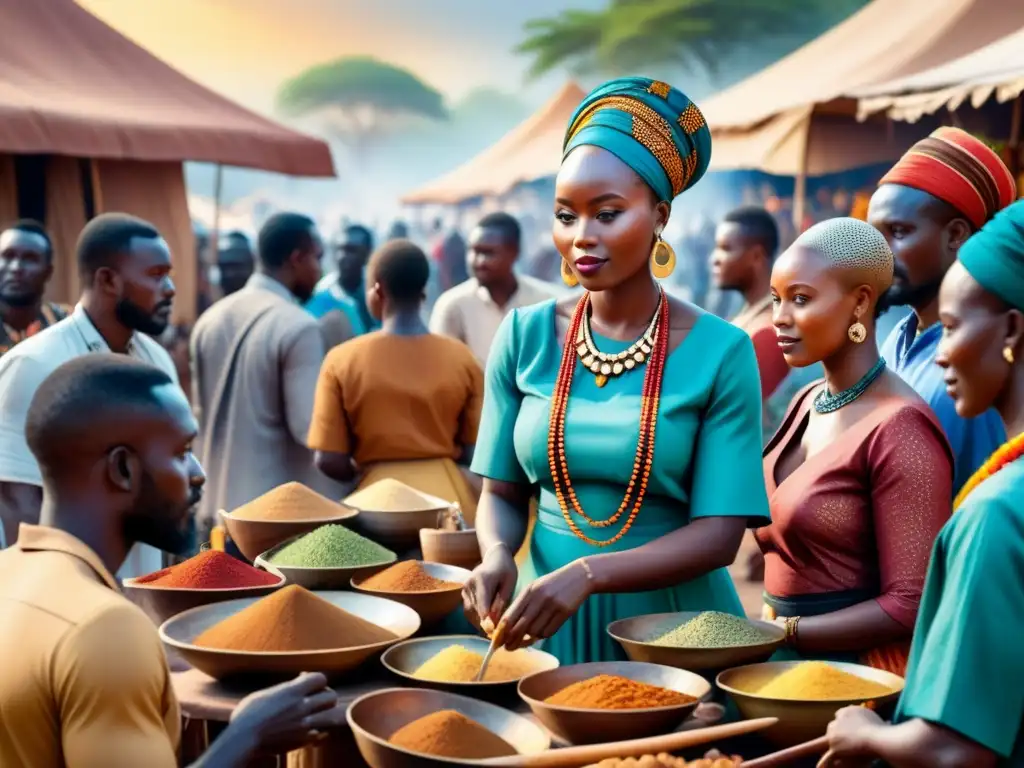 Una animada intersección cultural en un mercado africano, artistas crean arte visual para visitantes locales e internacionales