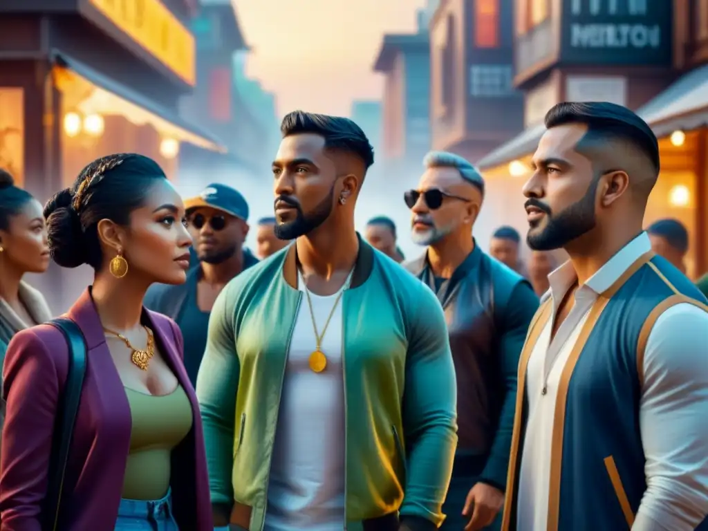 Una animada discusión sobre NFTs y arte en una galería llena de obras abstractas, reflejando la diversidad y la emoción de los participantes