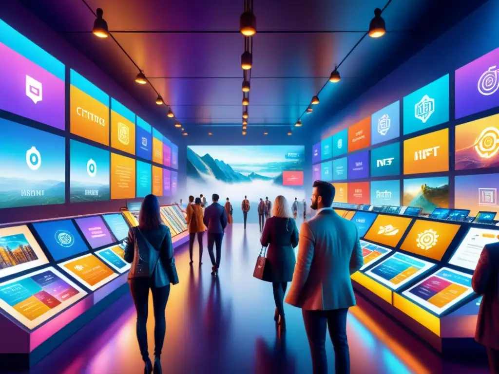 Mercado virtual de NFTs: Arte, tecnología y comercio Una animada escena de comercio de arte NFT en la intersección de criptomonedas, fusionando tradición y tecnología