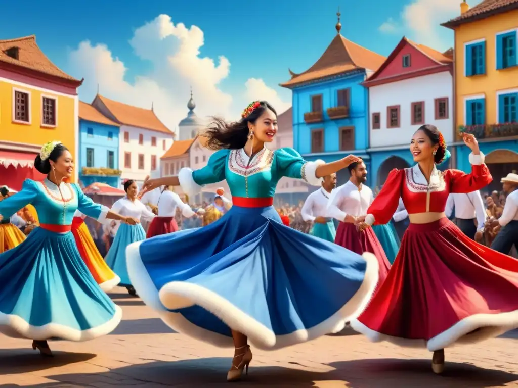 Una animada escena de danza folclórica en la plaza de un pueblo, llena de color y cultura popular