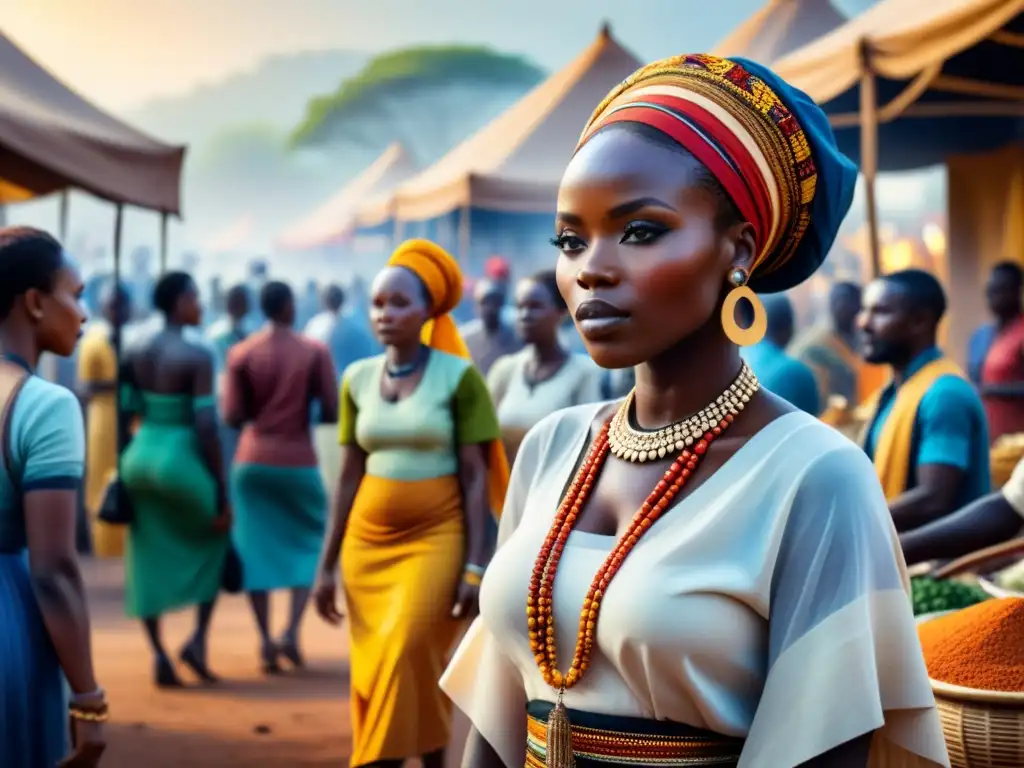 Una animada escena de mercado africano en acuarela, reflejando el vibrante arte africano contemporáneo inspirado en la música