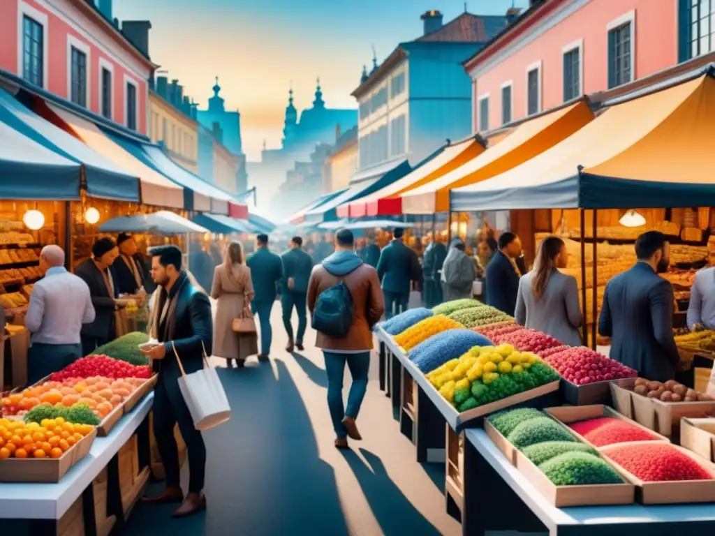 Una animada escena de mercado de arte con personas diversas disfrutando de las obras bajo un cielo soleado