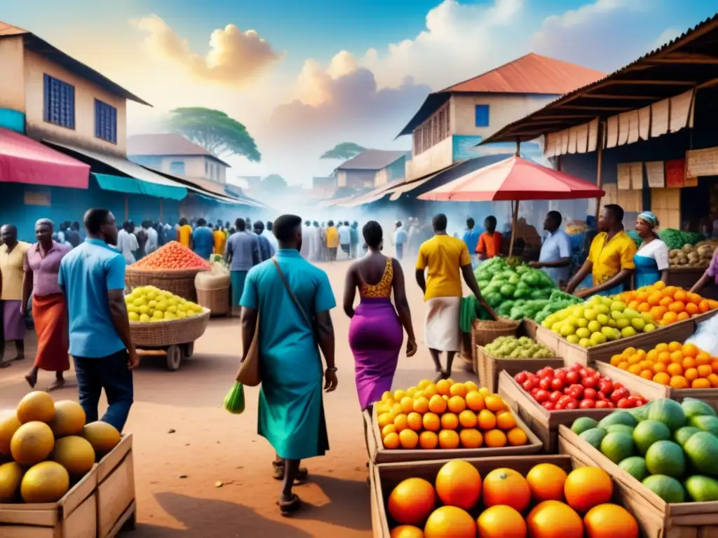 Una animada escena de mercado en Accra, Ghana, reflejando la diáspora africana arte contemporáneo