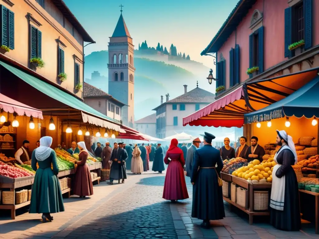 Una animada escena renacentista en una plaza de mercado, capturando la iconografía del Renacimiento fuera de Italia