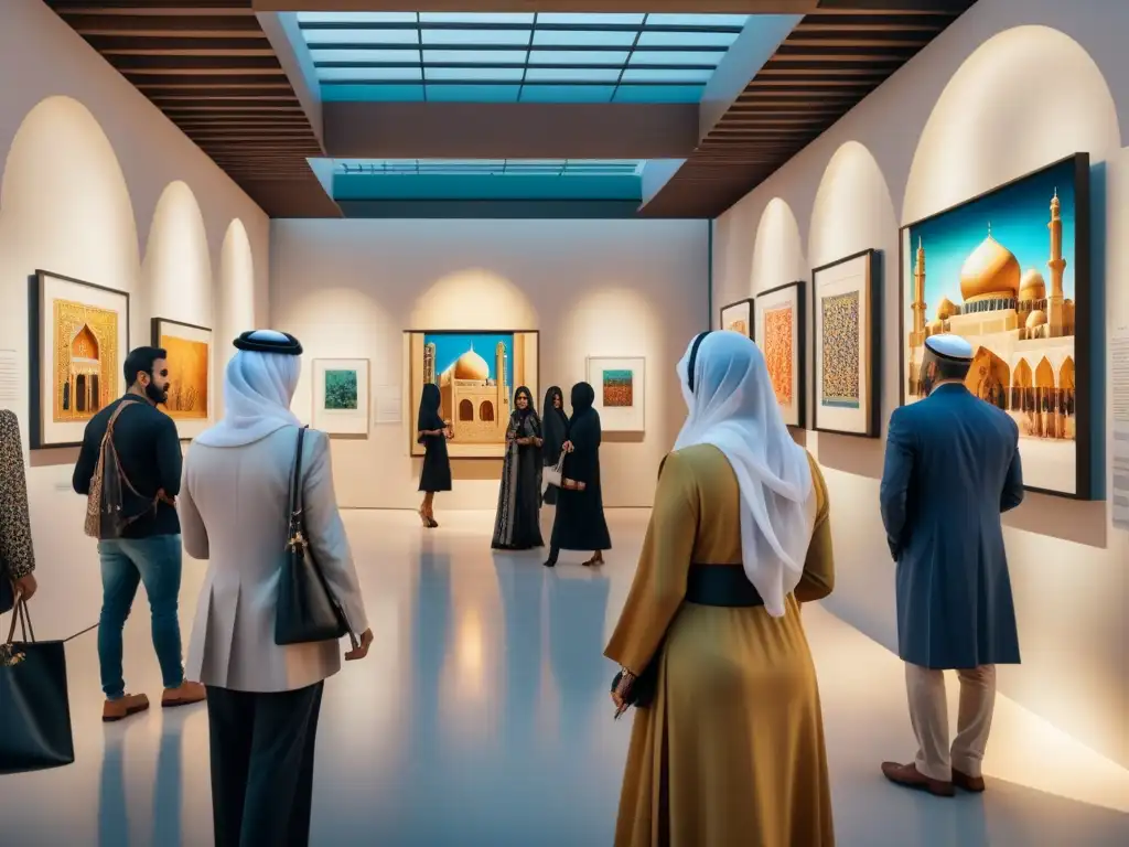 Exposición de arte en Medio Oriente: fusión de tradición y modernidad Una animada exposición de arte contemporáneo en Medio Oriente, fusionando tradición e innovación con patrones vibrantes y colores llamativos