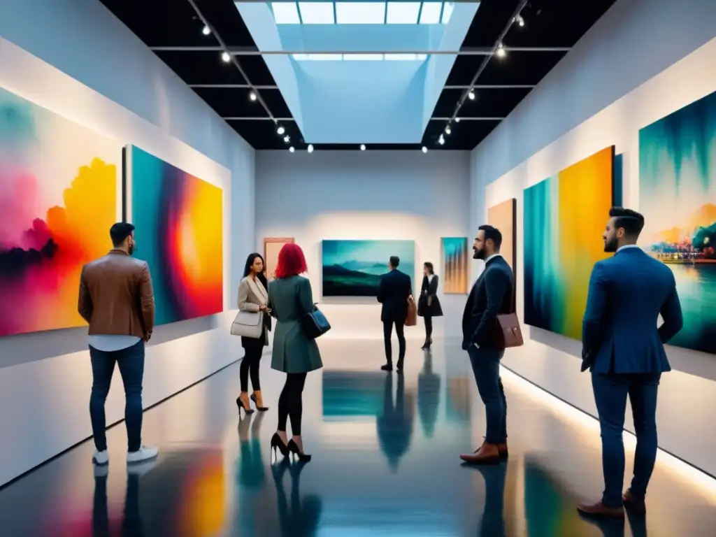 Una animada galería de arte contemporáneo, reflejando la importancia del arte contemporáneo con obras intrigantes y colores vibrantes