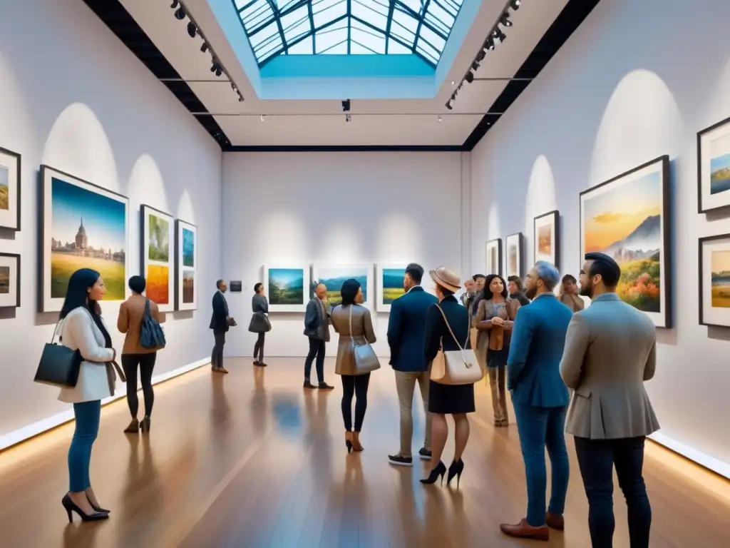 Vibrante intercambio cultural en una galería de arte Una animada galería de arte, con críticos de arte discutiendo una obra contemporánea