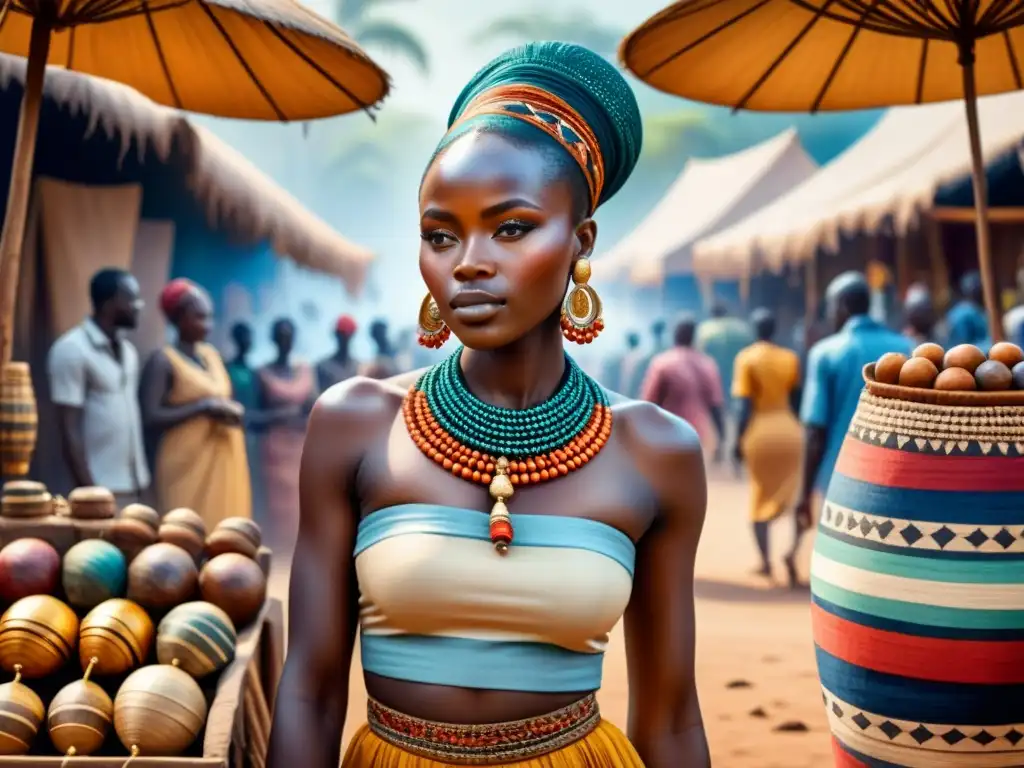 Una animada pintura acuarela de un bullicioso mercado africano, fusionando arte tradicional y moderno en una vibrante intersección cultural