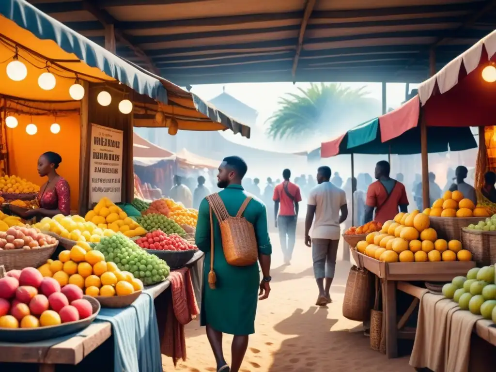 Una animada pintura de acuarela que representa un bullicioso mercado africano