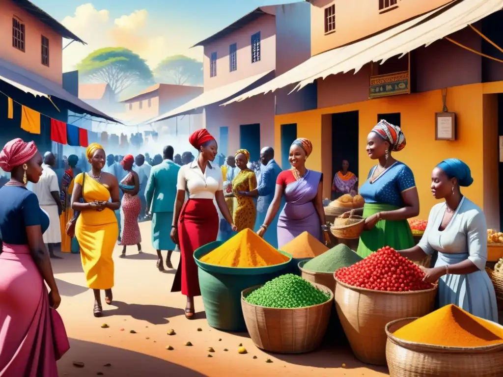 Una animada pintura acuarela de un bullicioso mercado africano bajo el sol brillante