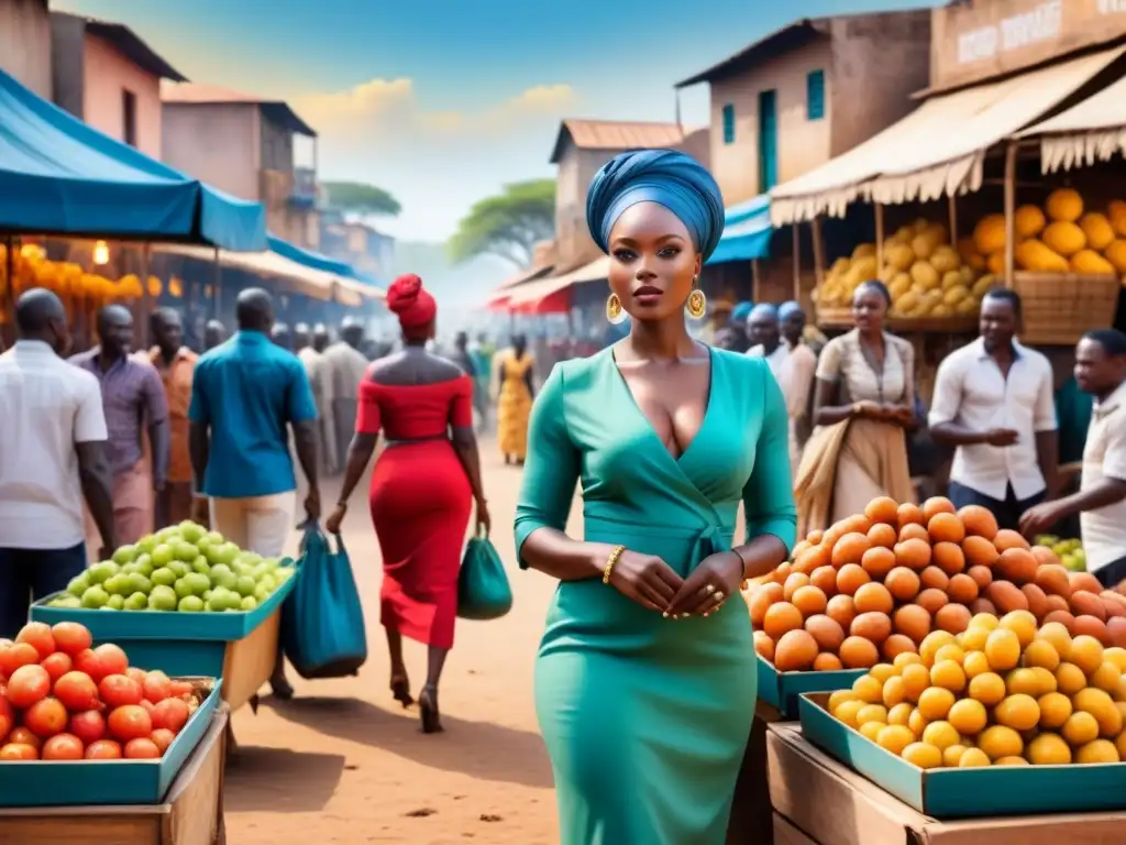 Una animada pintura acuarela de un bullicioso mercado en África, mostrando arte africano contemporáneo en una intersección cultural