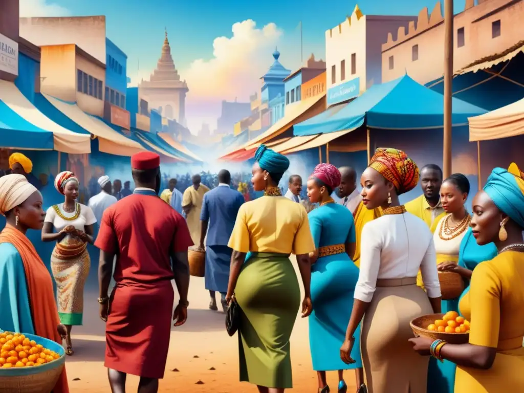 Una animada pintura acuarela de un bullicioso mercado africano, fusionando tradición y modernidad